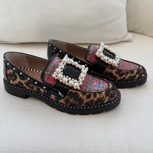 Betsey Johnson Leopard & Plaid Pearl Buckle Loafers in Black, Brown, Red